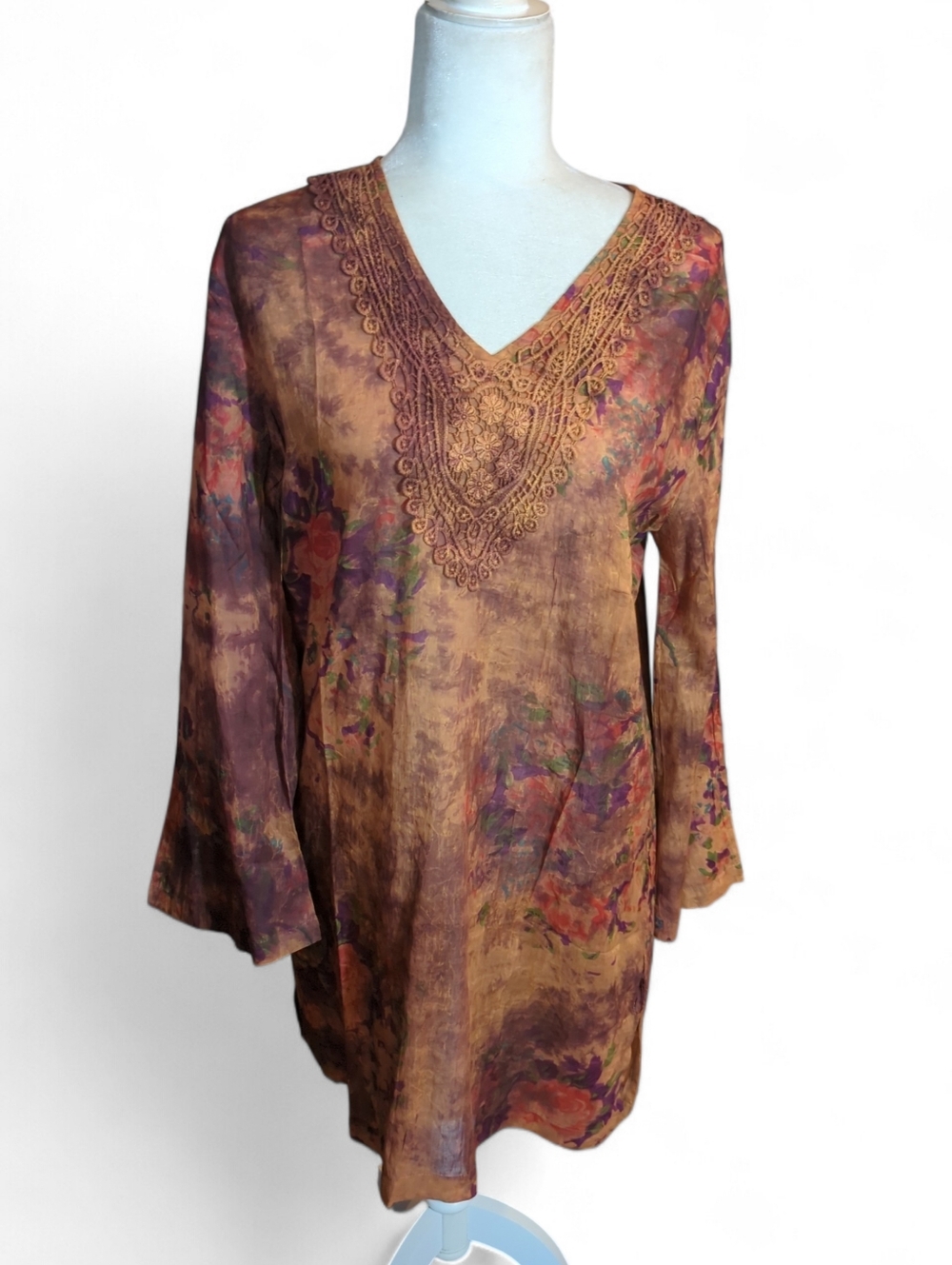 New Vintage GOA Crochet  V-Neck Dark Floral Tunic Milk Chocolate NWT Sz L